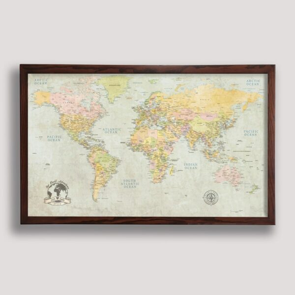framed world map - walnut frame