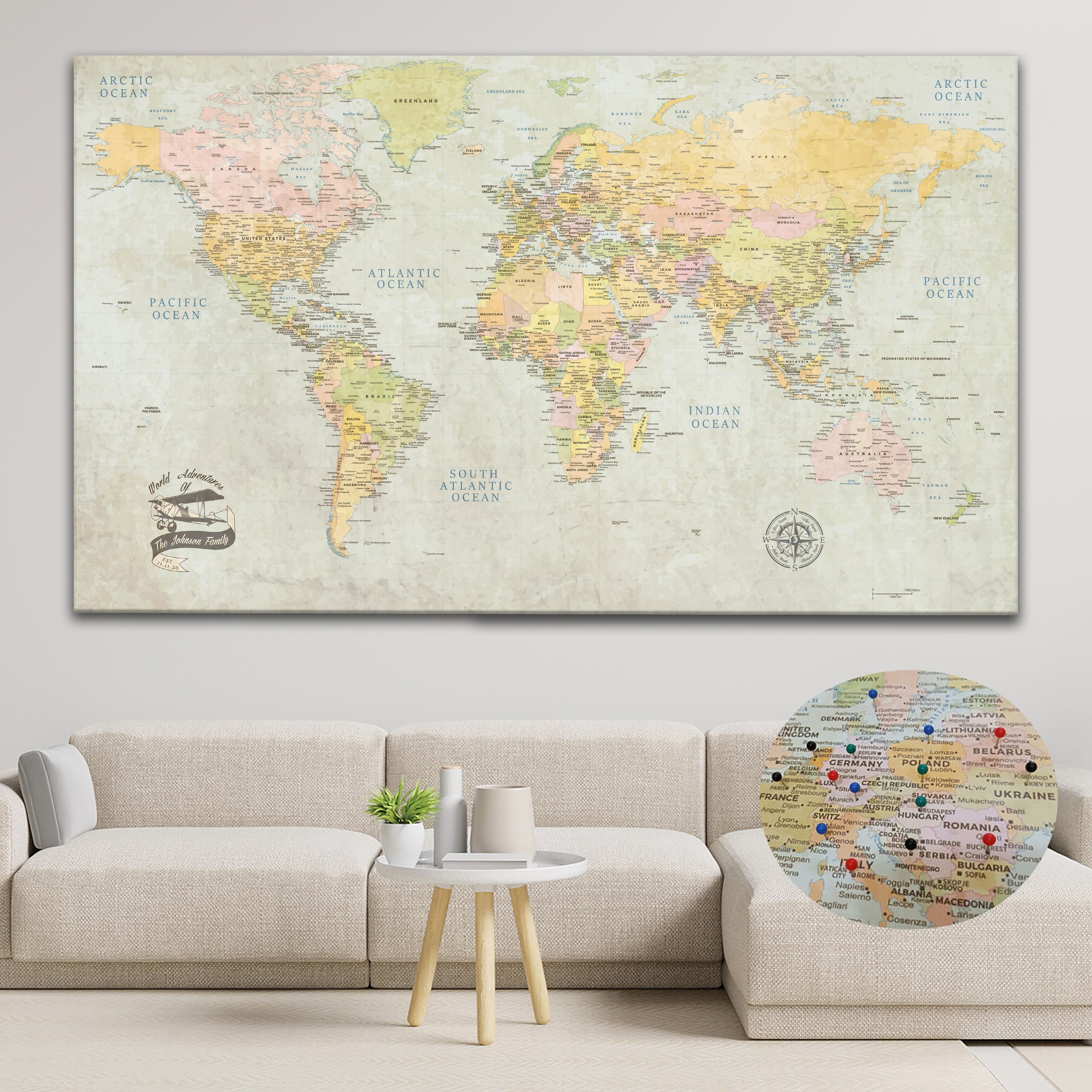 Classic Push Pin World Map, Personalized Travel Map