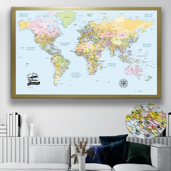 framed atlas world map with push pins