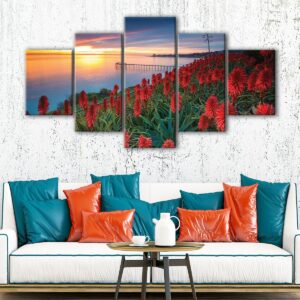 5 panels red flowers field canvas art