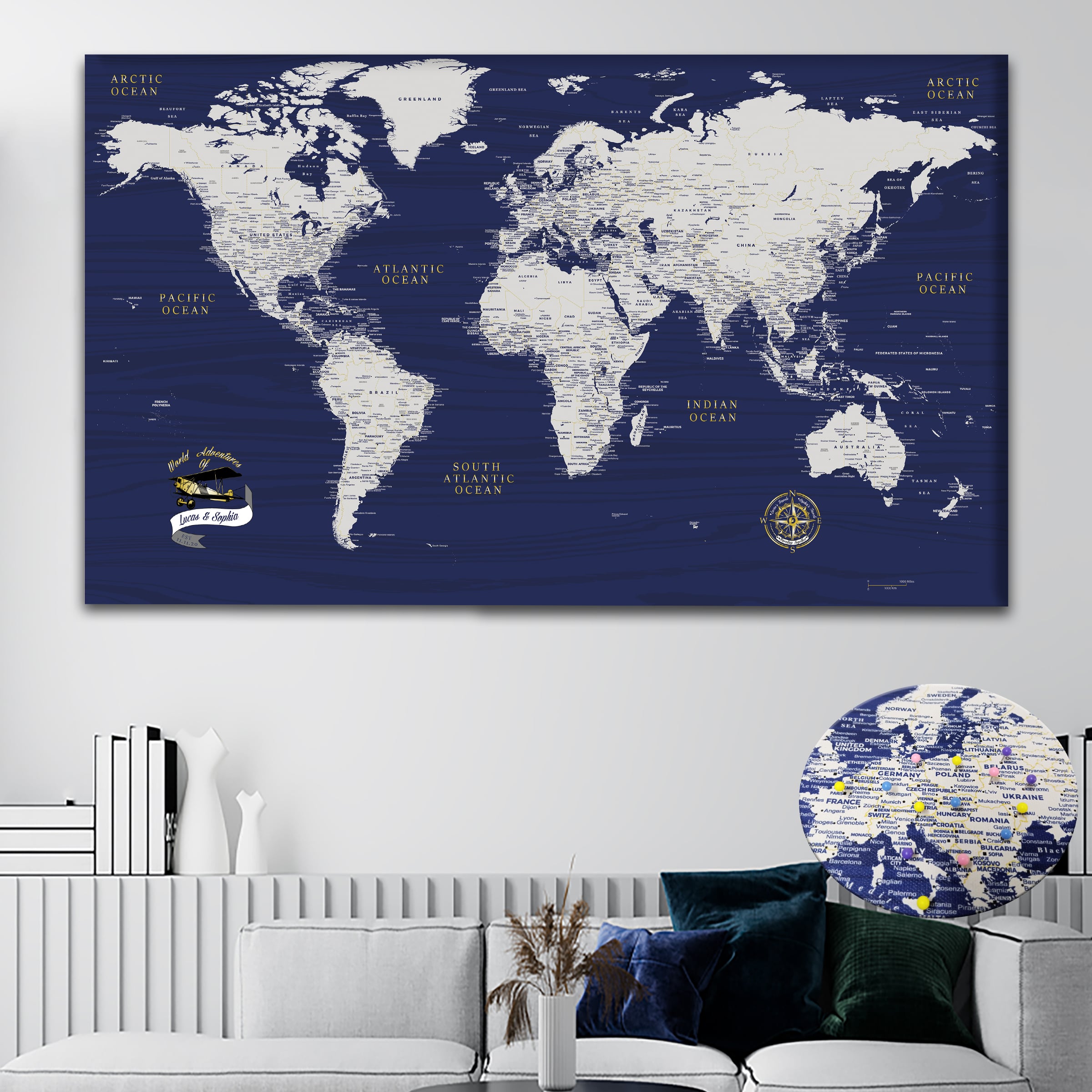 Blue & Gold Push Pin World Map, Custom Travel Gift