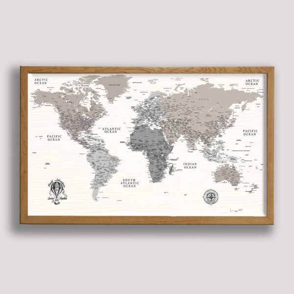 Farmhouse push pin world map - beige frame