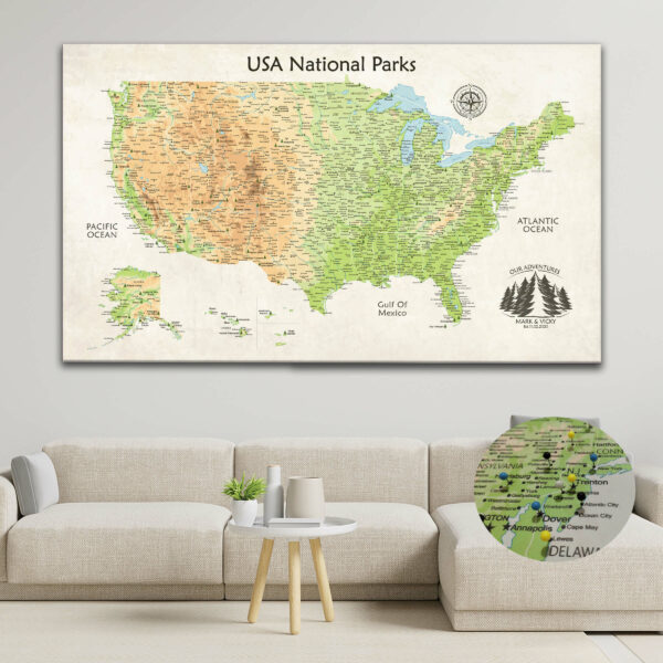 National parks push pin usa map