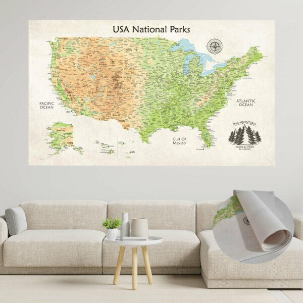 National parks push pin usa map rolled