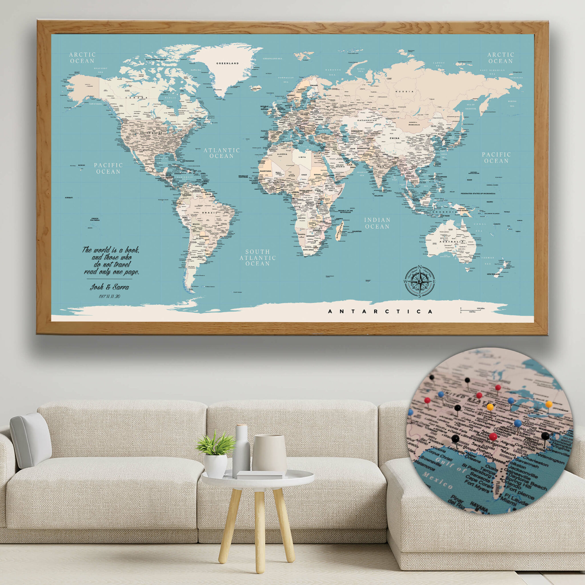 Turquoise Push Pin World Map | Large World Map | Canvas Art Bay