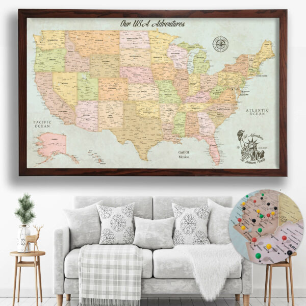 Classic push pin USA map framed