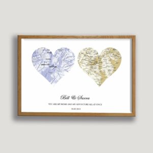 wedding heart map framed canvas natural beige