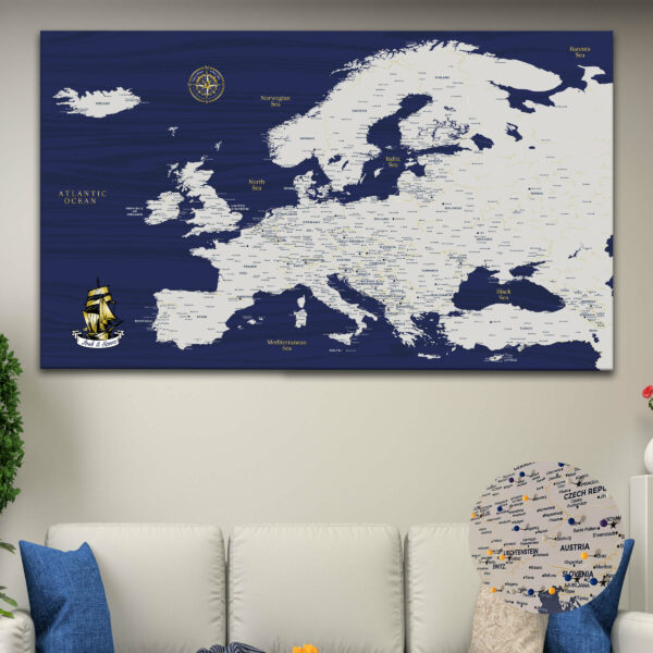 Blue Gold push pin europe map