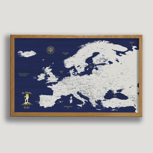 Blue Gold push pin europe map - beige frame