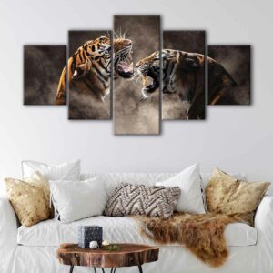5 panels roaring tigers canvas art