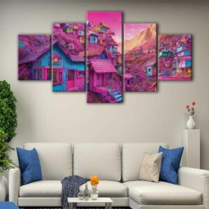 5 panels pink city canvas art