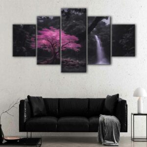 5 panels pink tree canvas art
