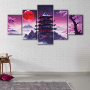 5 panels red moon temple canvas art
