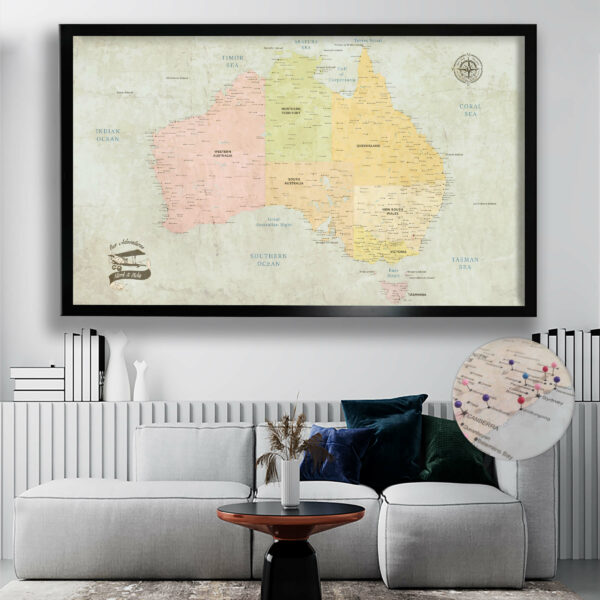 Classic push pin Australia map framed